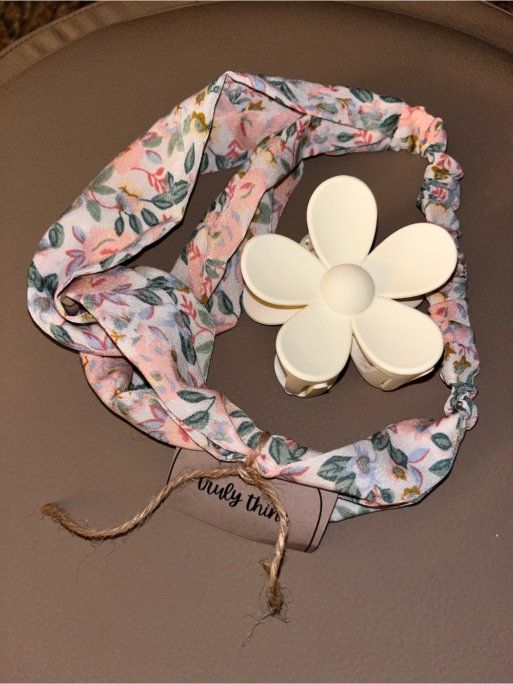 Floral Pink & Green Headband with White Flower Clip